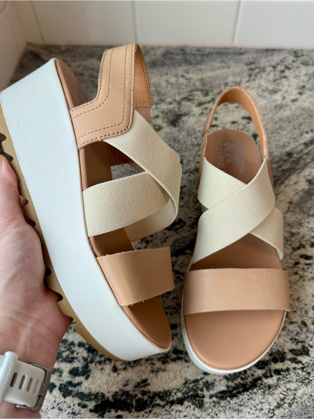 Sorel Cameron Flatform Slingback Sandals in Honest Beige. Size 6. Like new.